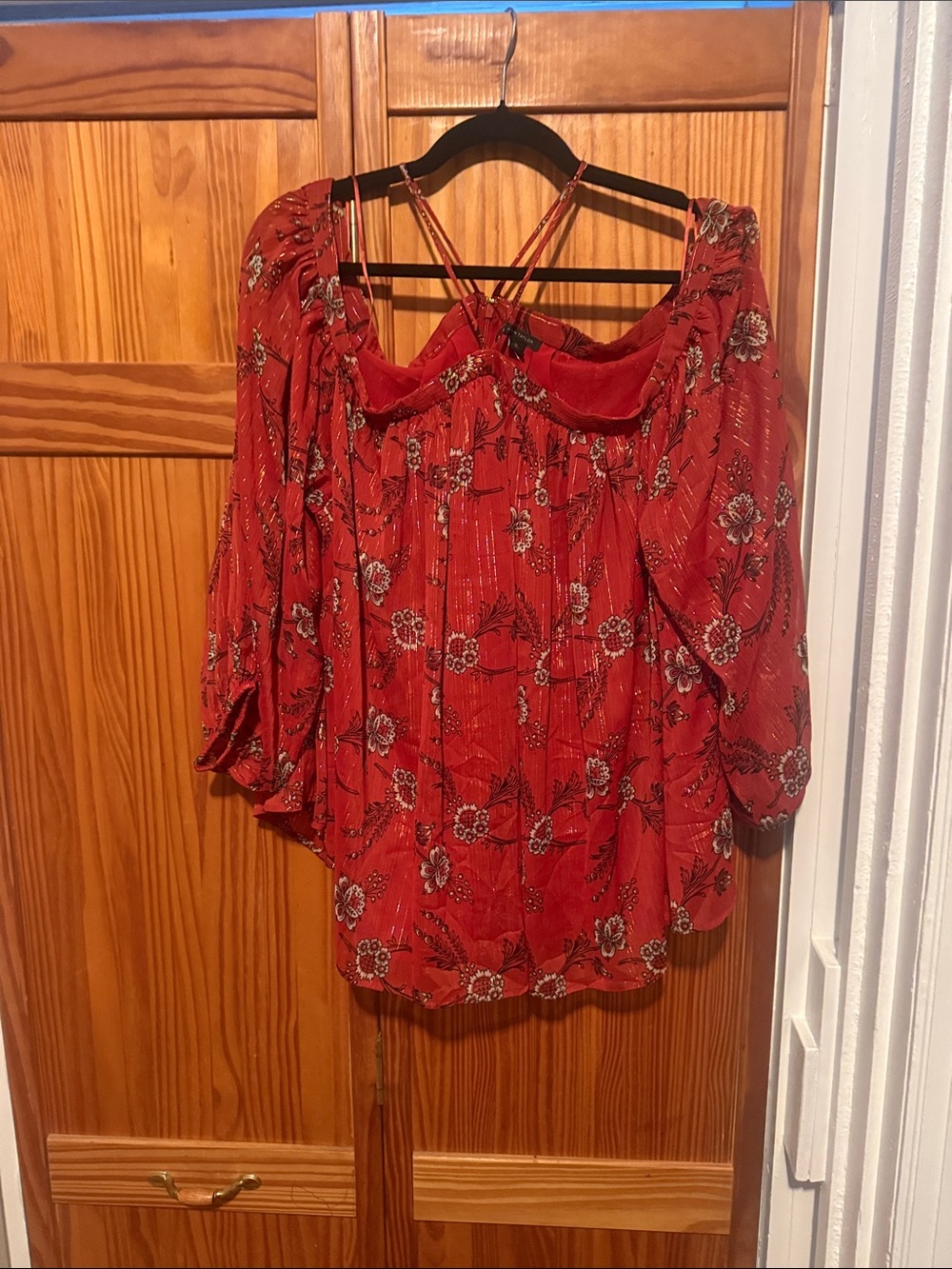 Ann Taylor Red Floral Peasant Blouse